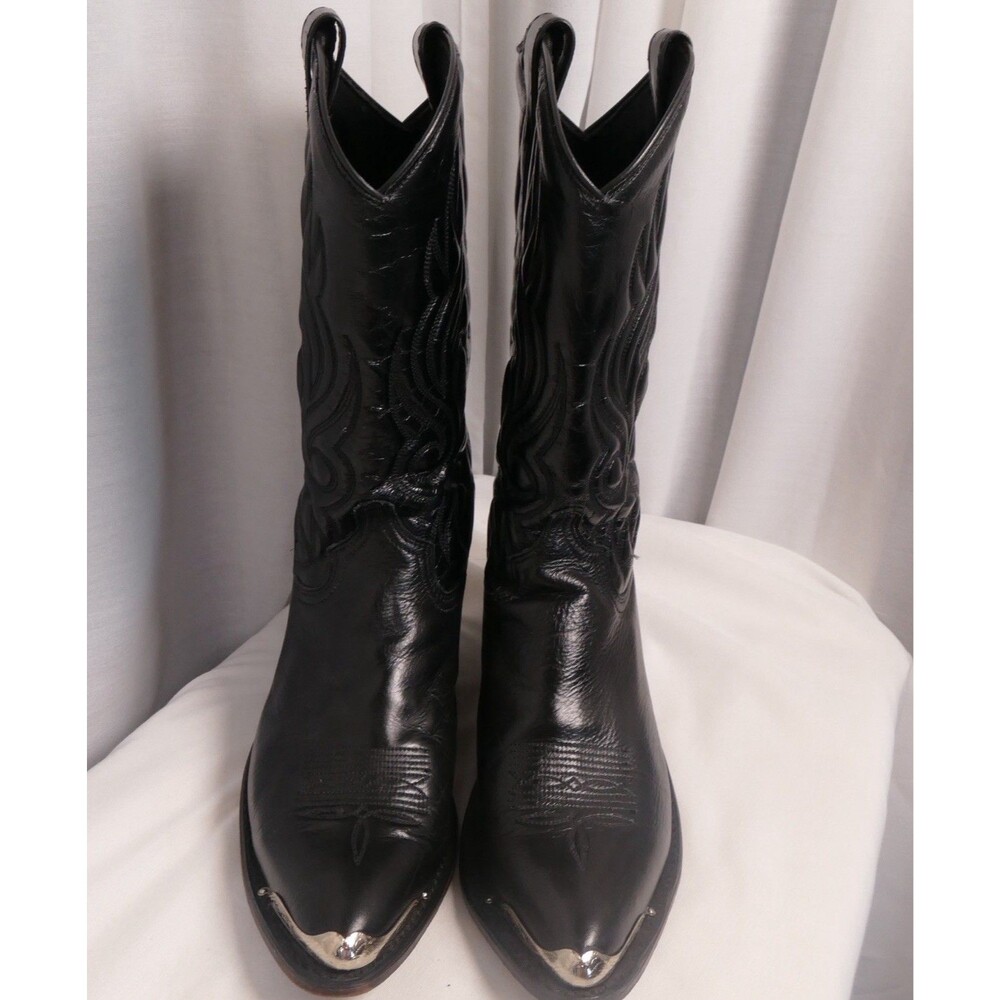 Women’s Black Western Cowboy Boots 8M Embroidered Shaft Silver Toe Leather Vamp